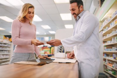 pharmacist and woman talking